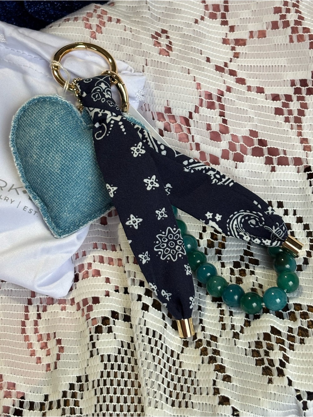 Park Lane Blue Denim Heart Keychain with Teal Bead Strand and Navy Bandana Tie - Picture 6 of 9